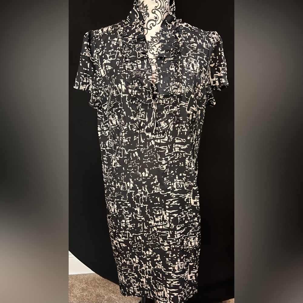 JCrew Factory Black & White Silk A-Line Dress with Ruffled Collar Size 14 NWT